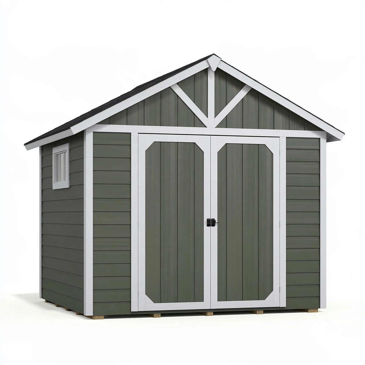 Abri de jardin 240 x 180 x 220 cm en bois vert gris et blanc - Double porte style chalet