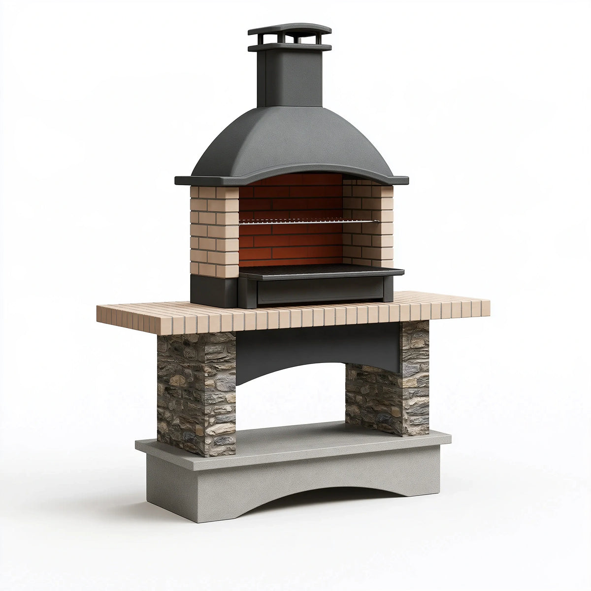 Barbecue de jardin 180 x 75 x 250 cm en brique et métal noir style cheminée