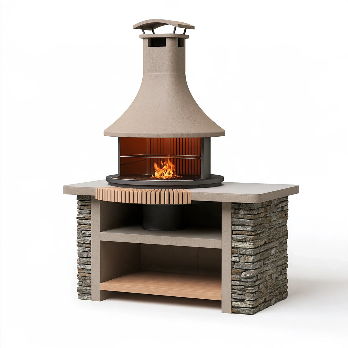 Barbecue extérieur 180 x 110 x 245 cm en pierre beige et métal noir avec cheminée et rangement