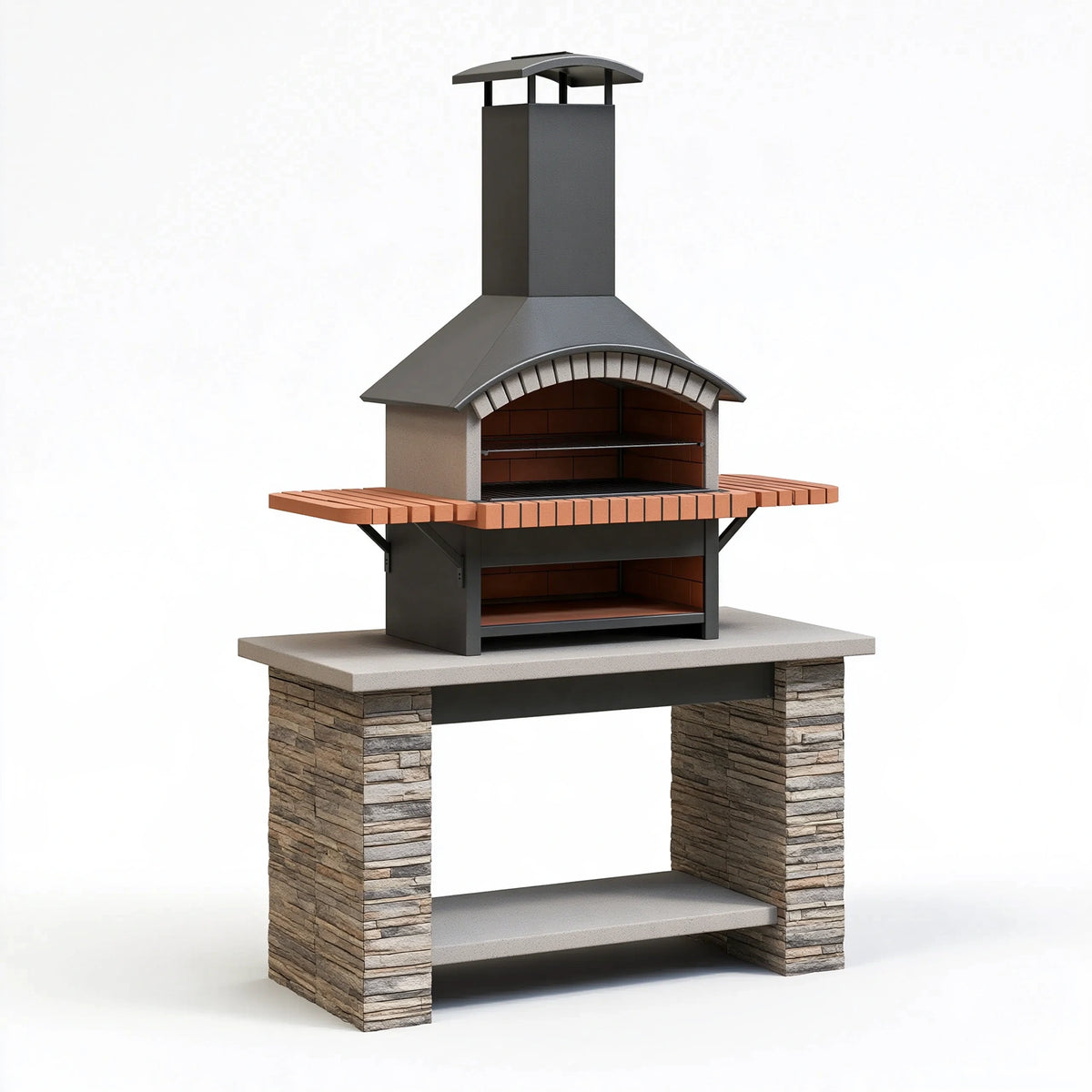Barbecue de jardin 160 x 80 x 230 cm en acier briques réfractaires noir style cheminée avec grillades