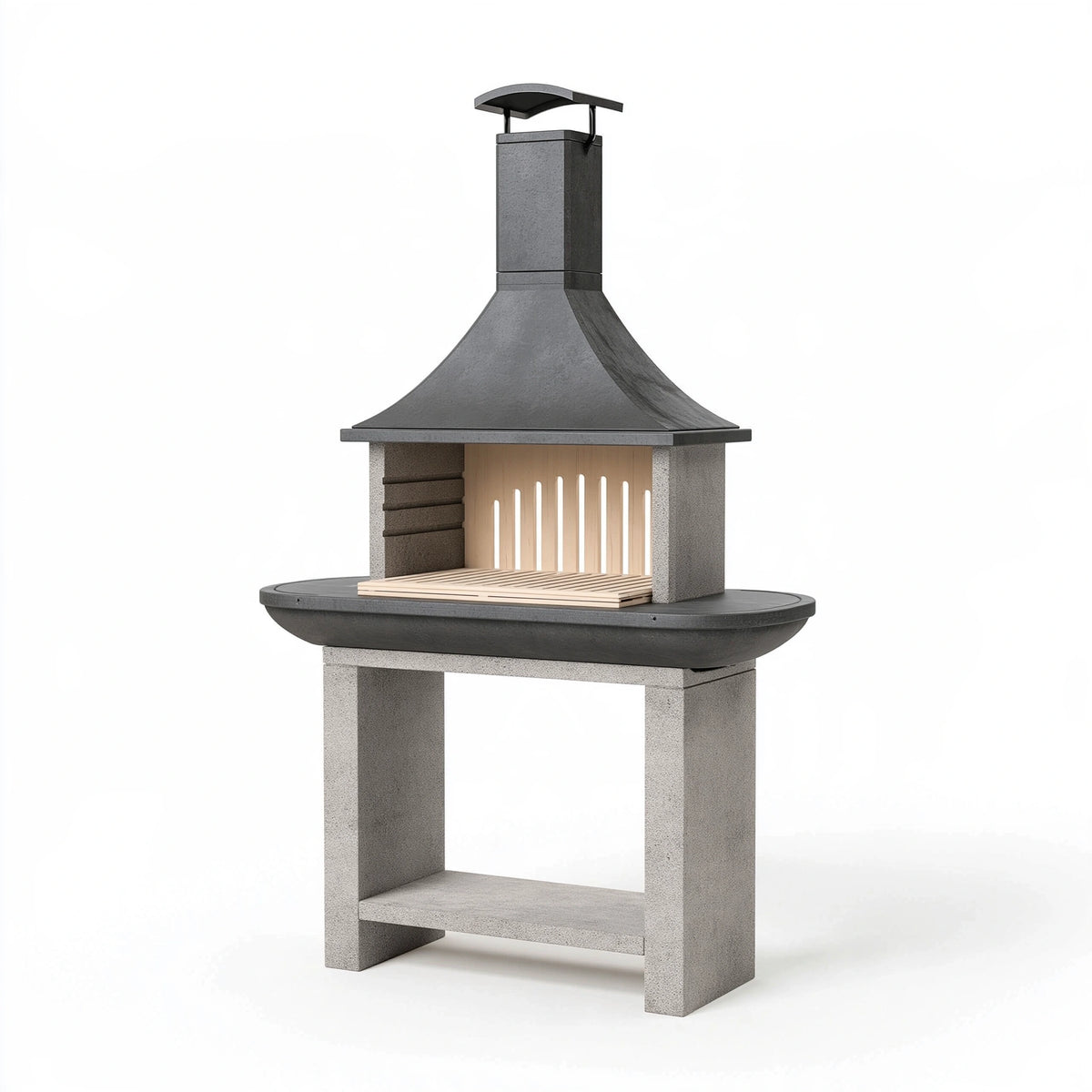 Barbecue de jardin 100 x 70 x 220 cm en béton gris et métal noir à cheminée