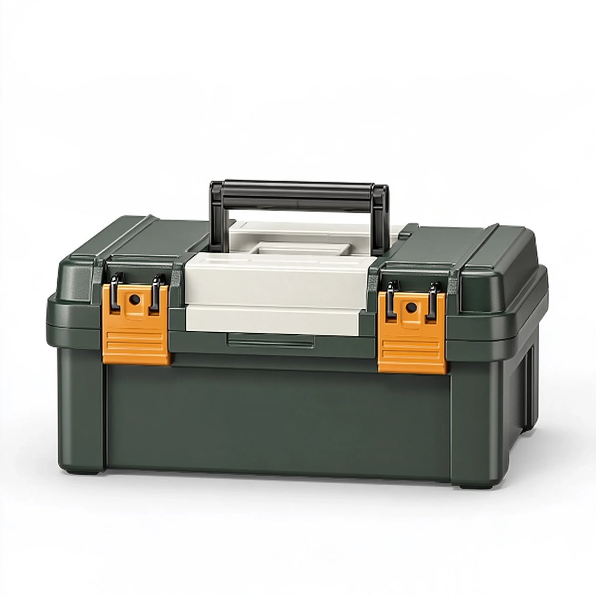 Boîte à outils 45 x 25 x 30 cm en plastique vert foncé avec poignée et fermoirs de rangement