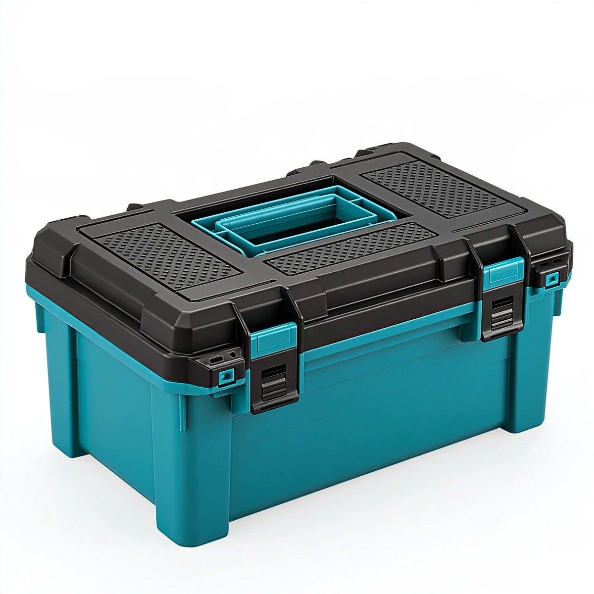 Caisse de rangement 60 x 40 x 32 cm en plastique noir/turquoise avec plateau amovible et couvercle antidérapant