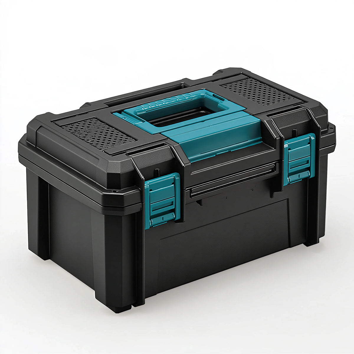 Caisse à outils 55 x 35 x 32 cm en plastique noir/bleu turquoise avec compartiment supérieur et fermetures