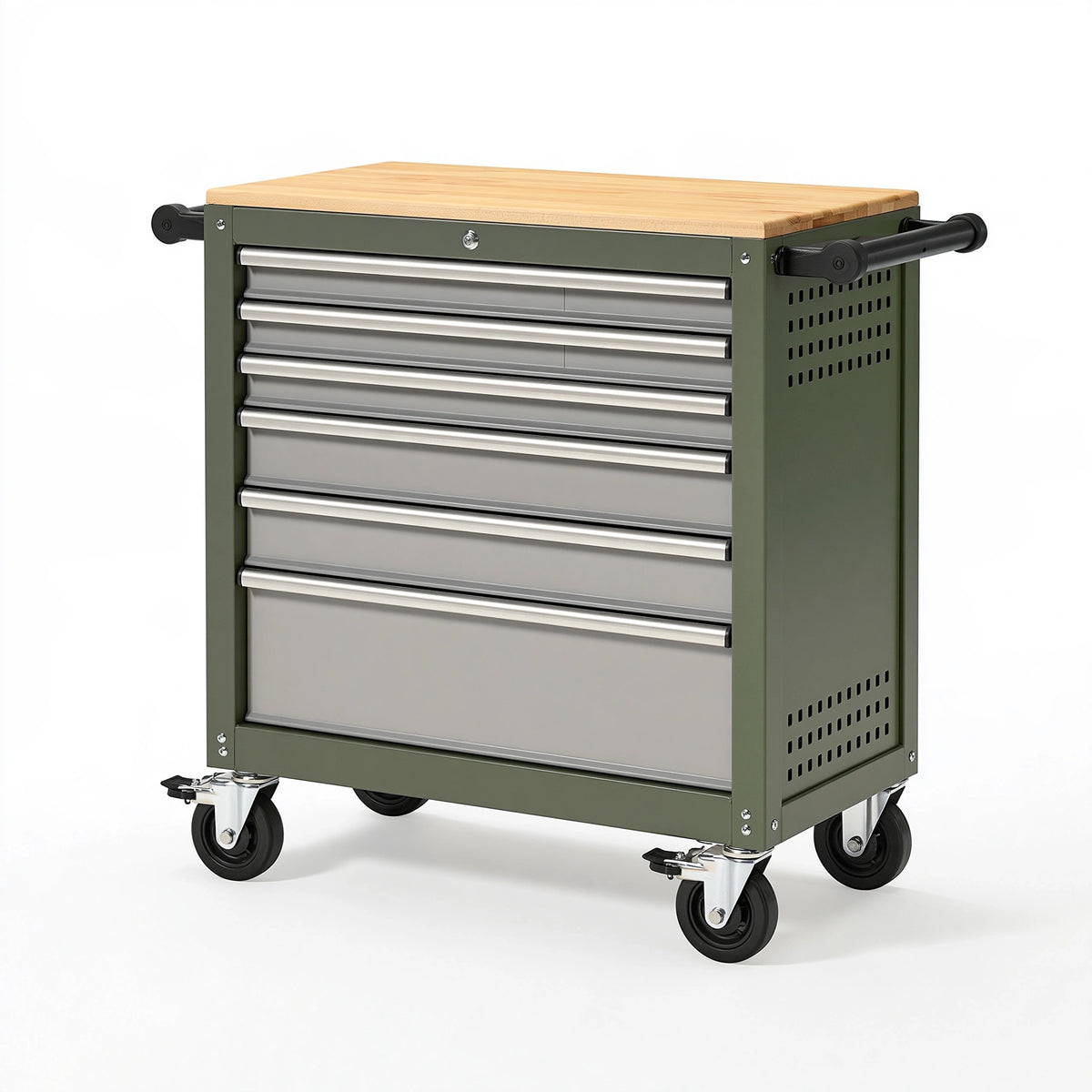 Chariot à outils 76 x 46 x 97 cm en acier vert avec plateau en bois et 7 tiroirs mobile