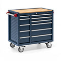 Servante d'atelier 100 x 50 x 95 cm en acier bleu avec plateau en bois et 9 tiroirs sur roulettes