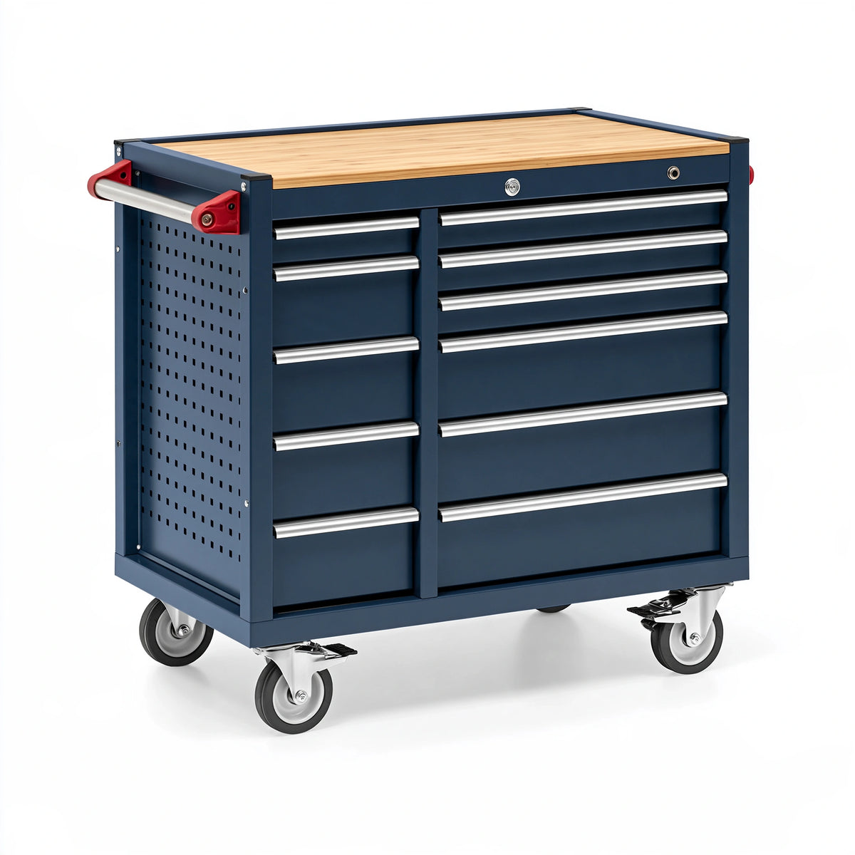 Servante d'atelier 100 x 50 x 95 cm en acier bleu avec plateau en bois et 9 tiroirs sur roulettes