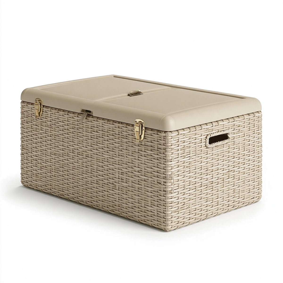 Coffre de rangement 60 x 40 x 35 cm en résine tressée beige avec couvercle