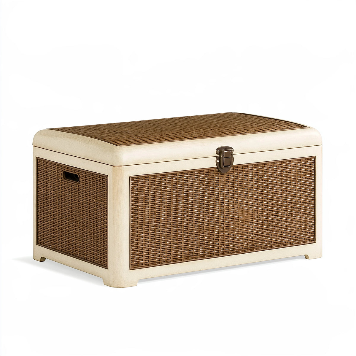 Coffre de rangement 80 x 45 x 45 cm en bois et fibres tressées brun beige style naturel avec couvercle