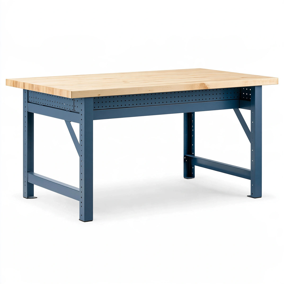 Établi 150 x 75 x 90 cm en bois massif et acier bleu - Style industriel réglable