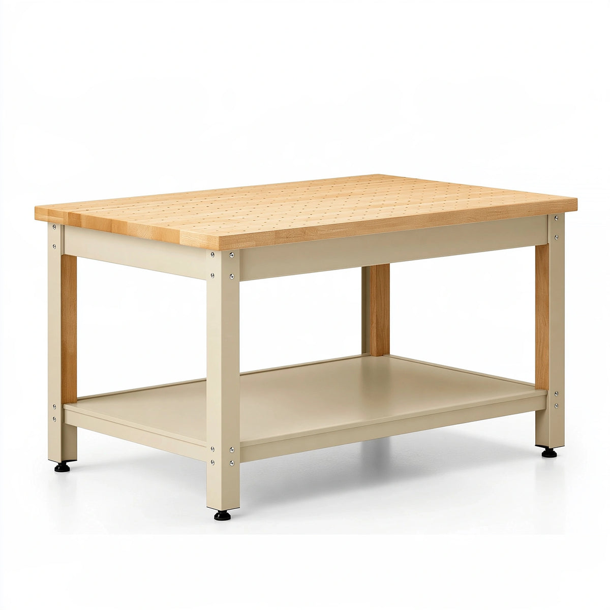 Établi 120 x 60 x 85 cm en bois et métal beige avec plateau perforé et tablette de rangement