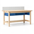 Établi 160 x 60 x 140 cm en bois naturel et métal bleu avec panneau perforé et rangement