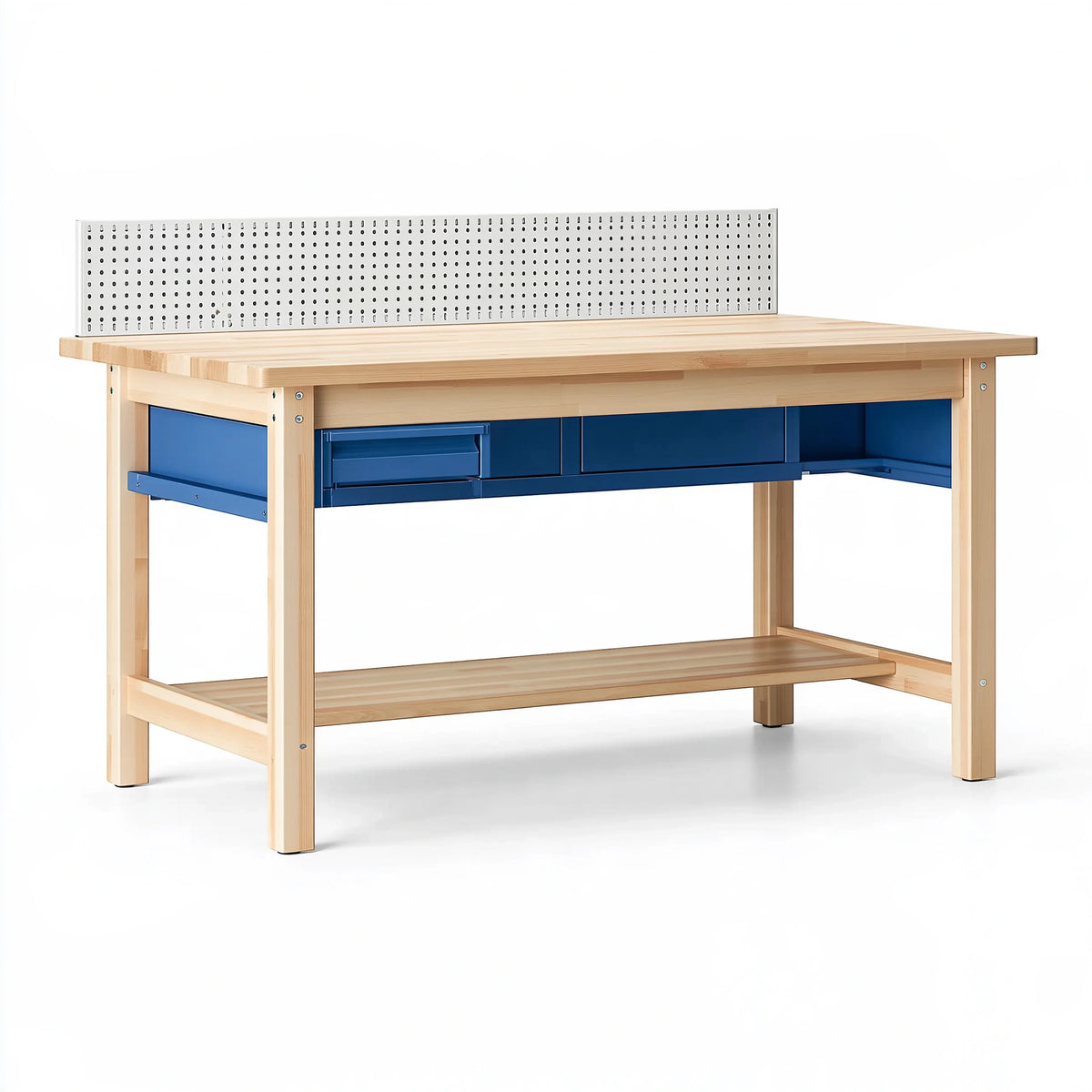 Établi 160 x 60 x 140 cm en bois naturel et métal bleu avec panneau perforé et rangement