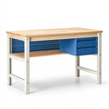 Établi 120 x 60 x 85 cm en bois et acier naturel blanc bleu avec tiroirs style industriel