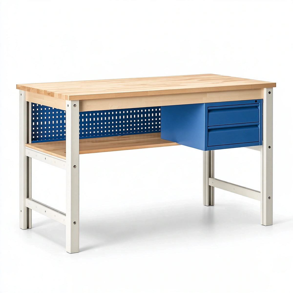 Établi 120 x 60 x 85 cm en bois et acier naturel blanc bleu avec tiroirs style industriel