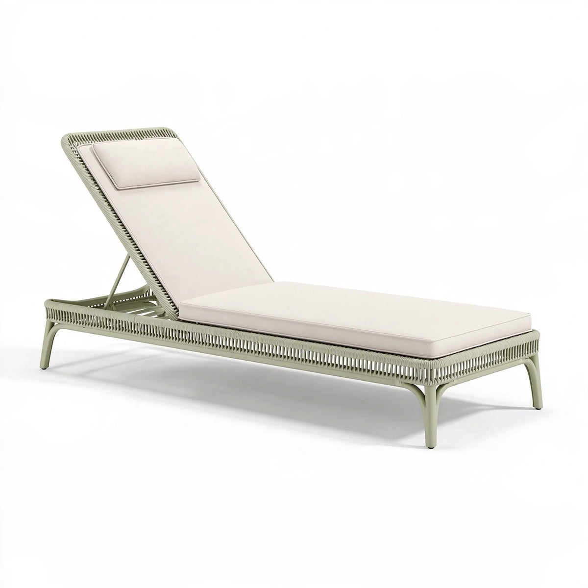 Chaise longue de jardin 200 x 70 x 85 cm en métal tressé vert sauge avec coussin beige inclinable
