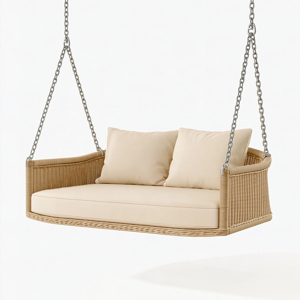 Balancelle suspendue 120 x 70 x 55 cm en rotin beige avec chaînes métalliques style bohème