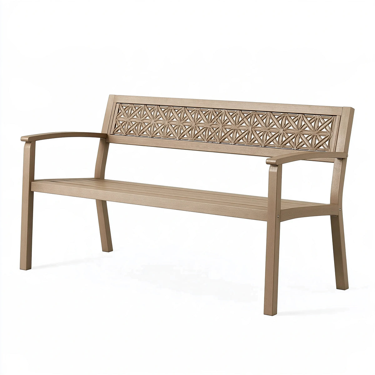 Banc de jardin 122 x 65 x 90 cm en résine taupe à dossier ajouré