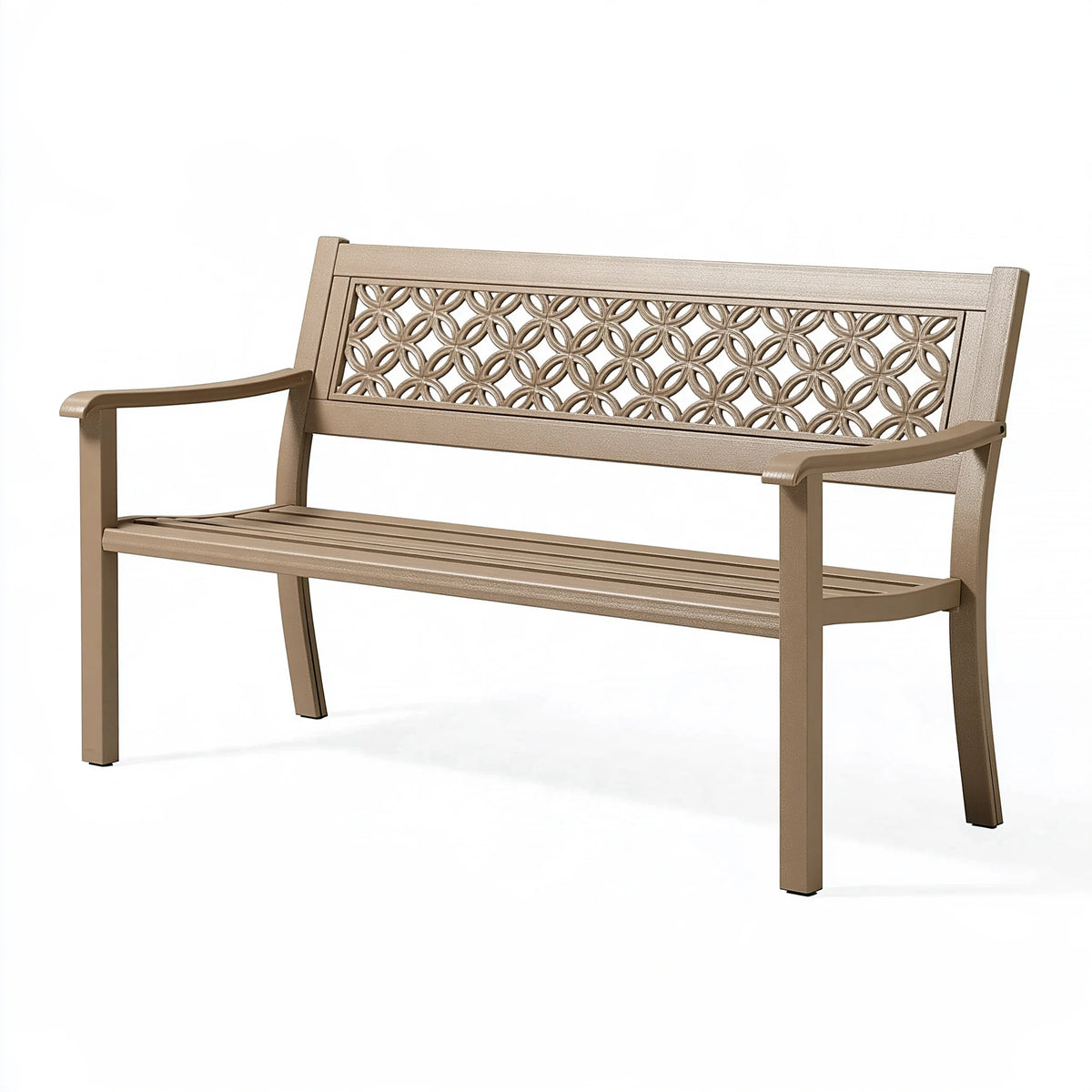Banc de jardin 122 cm en métal taupe avec accoudoirs style décoratif
